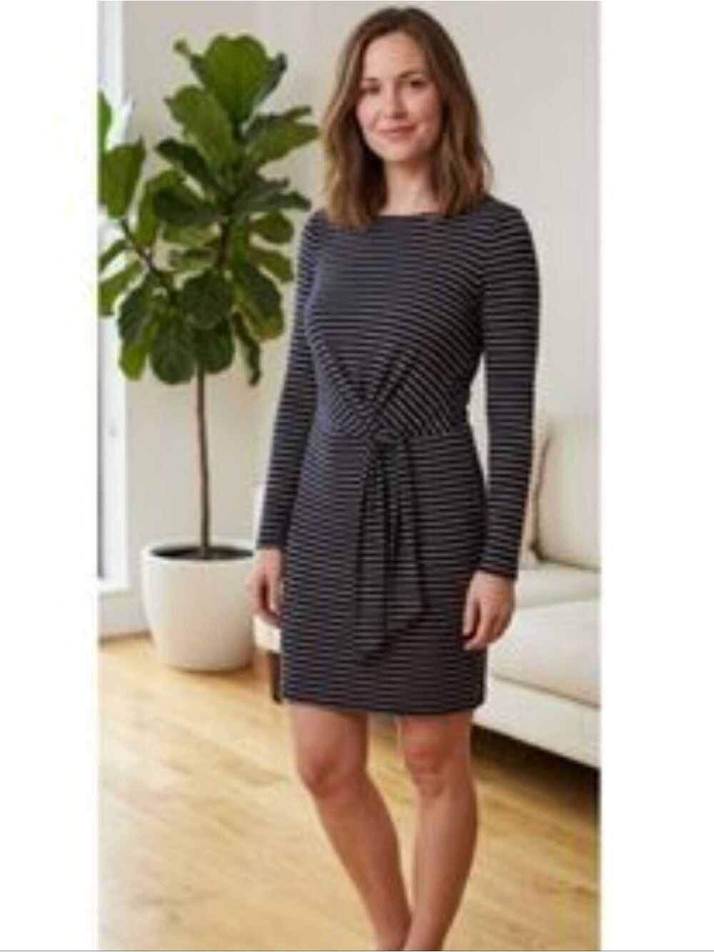 LOFT Black and Gold Metallic Strioed Long-Sleeve Tie-Front Dress Size XS NWT